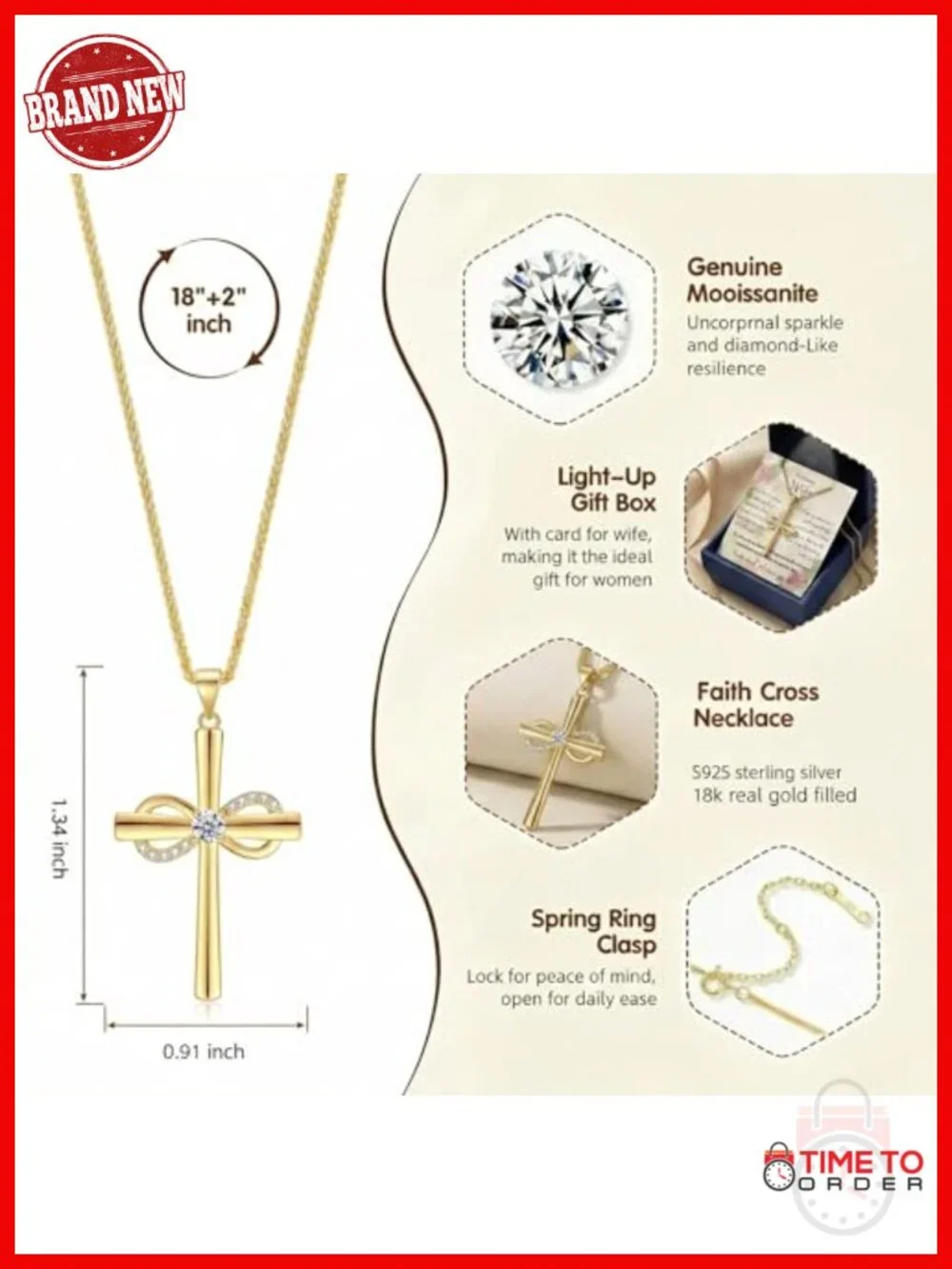 Moissanite Cross Pendant Necklace in Light-Up Gift Box with Wife Card 18K Gold